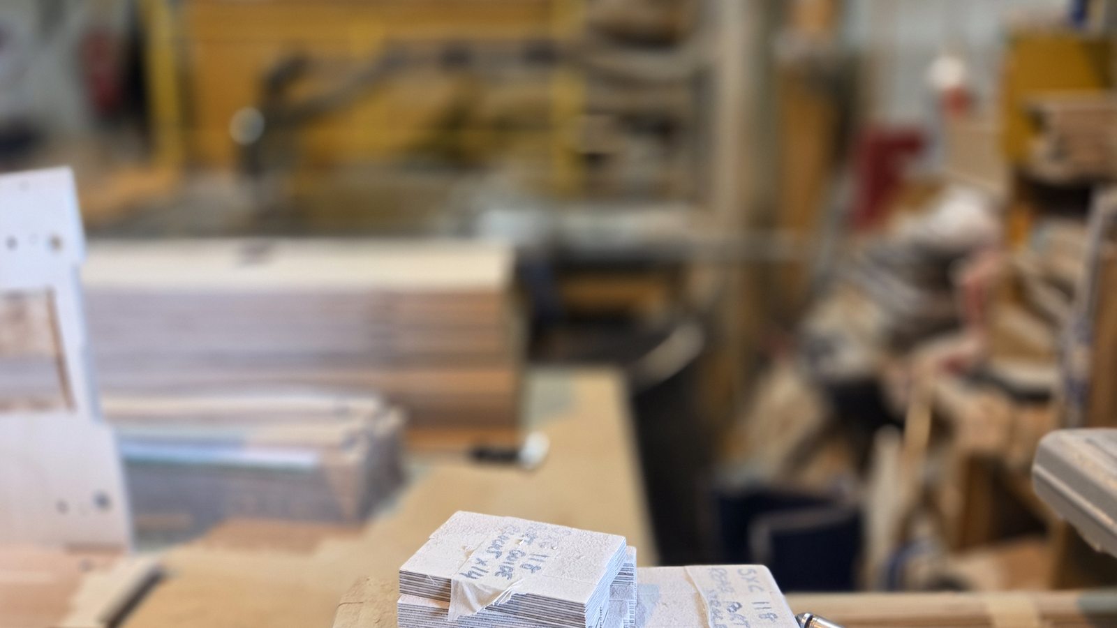Stacked CNC test cut samples used to confirm machining accuracy at the cabinet maker's workshop.