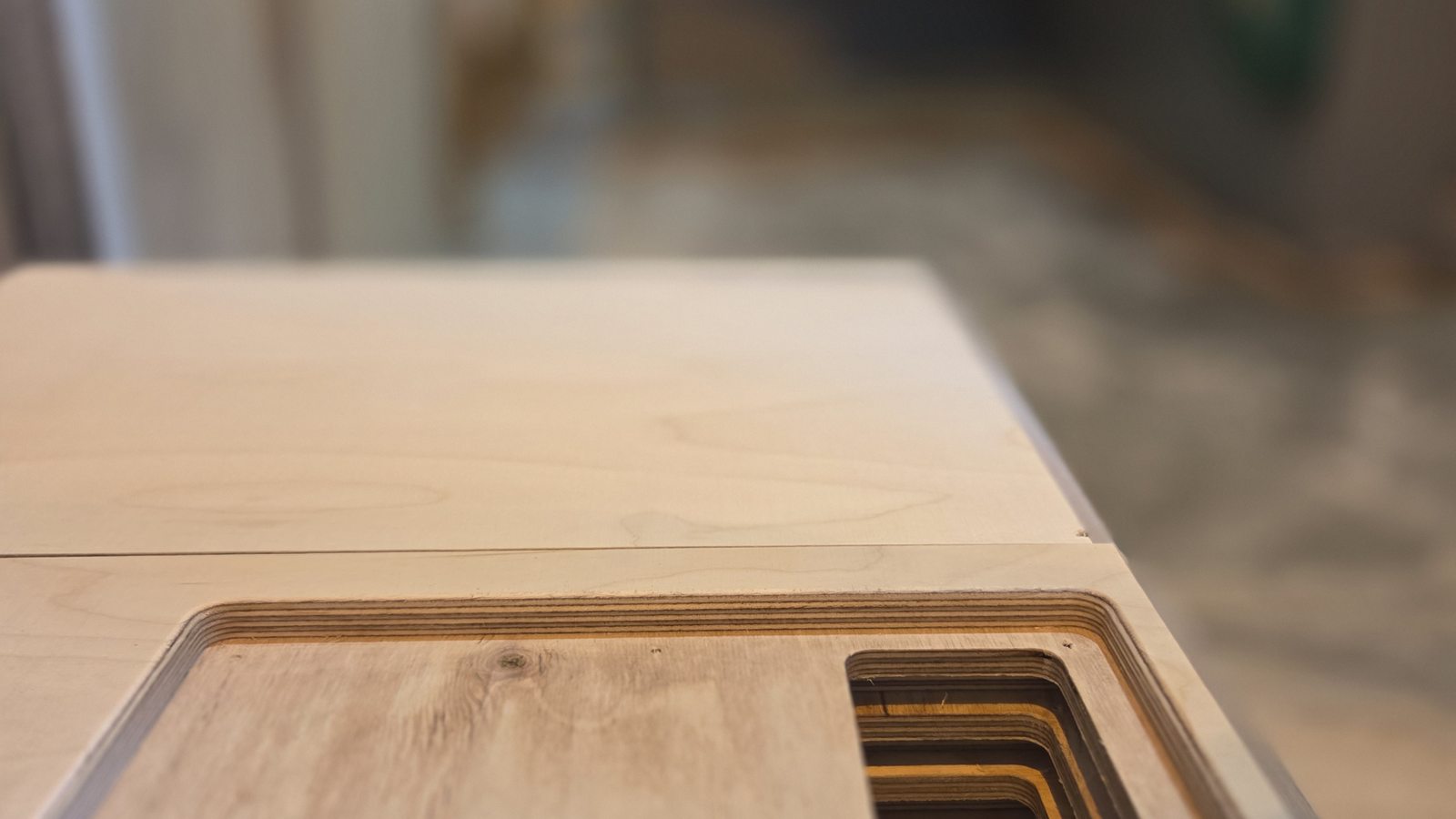 Close-up of a precisely machined horn cutout inside a finished speaker cabinet.