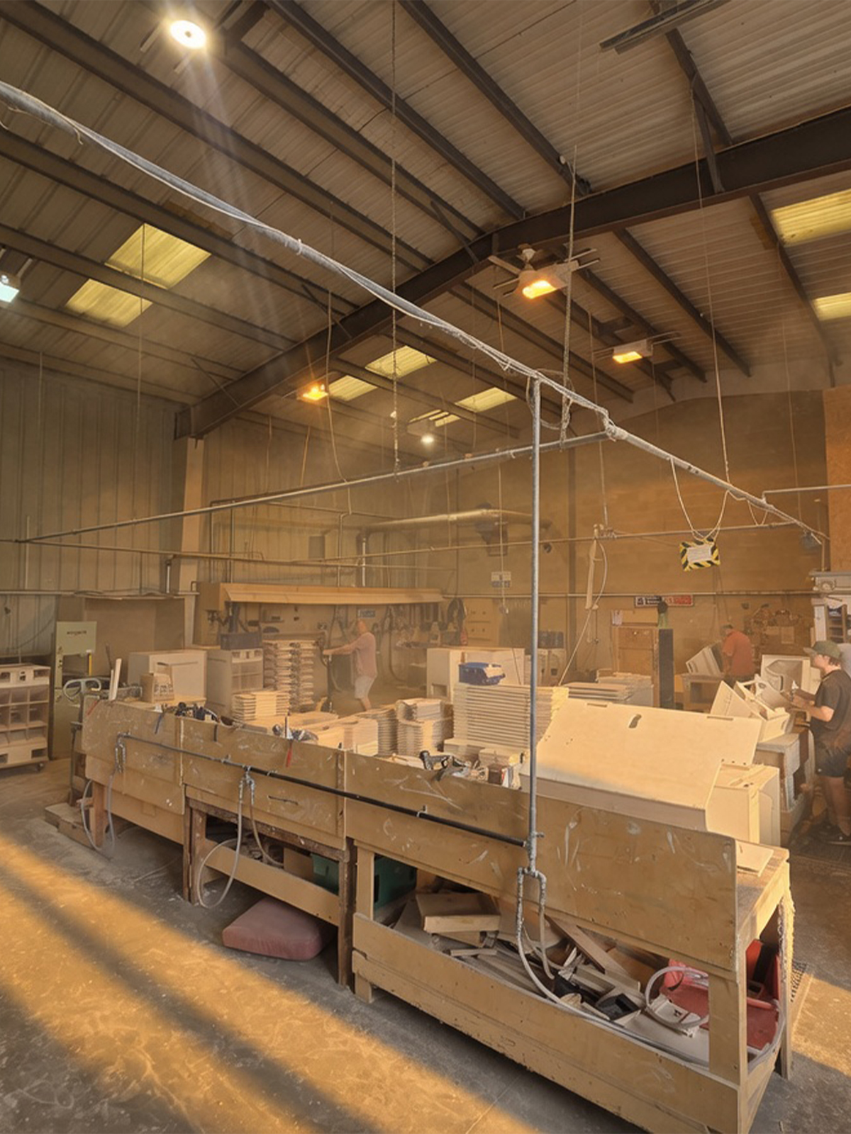Inside the Sarivale workshop, warmly lit and full of timber and tools.